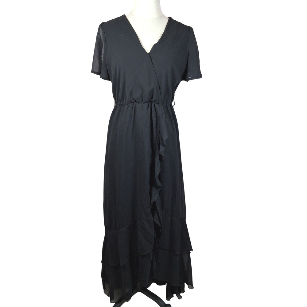 Simplee Black Chiffon Ruffle Wrap Maxi Dress Short Sleeve V-Neck Size S
